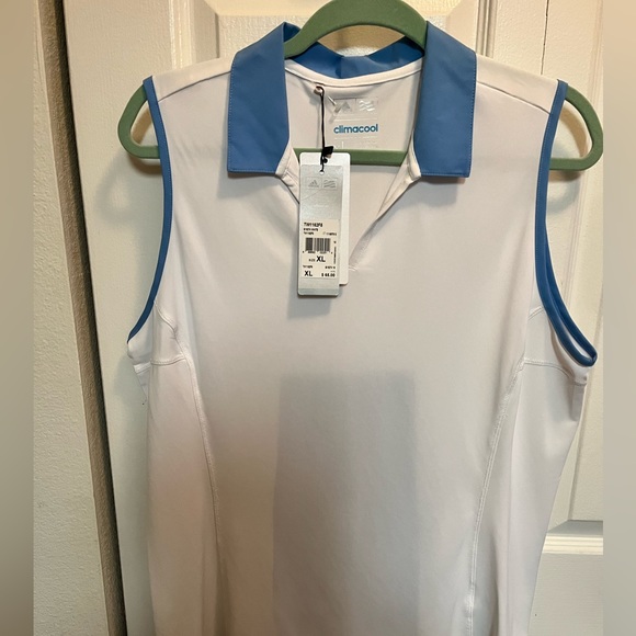 ADIDAS NWT AUTHENTIC CLIMACOOL WHITE & BLUE TRIM SLEEVELESS GOLF PLEATED BLOUSE - Picture 10 of 16